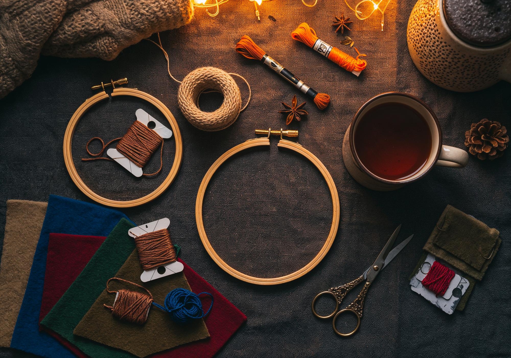 Studio table with threads and tools
