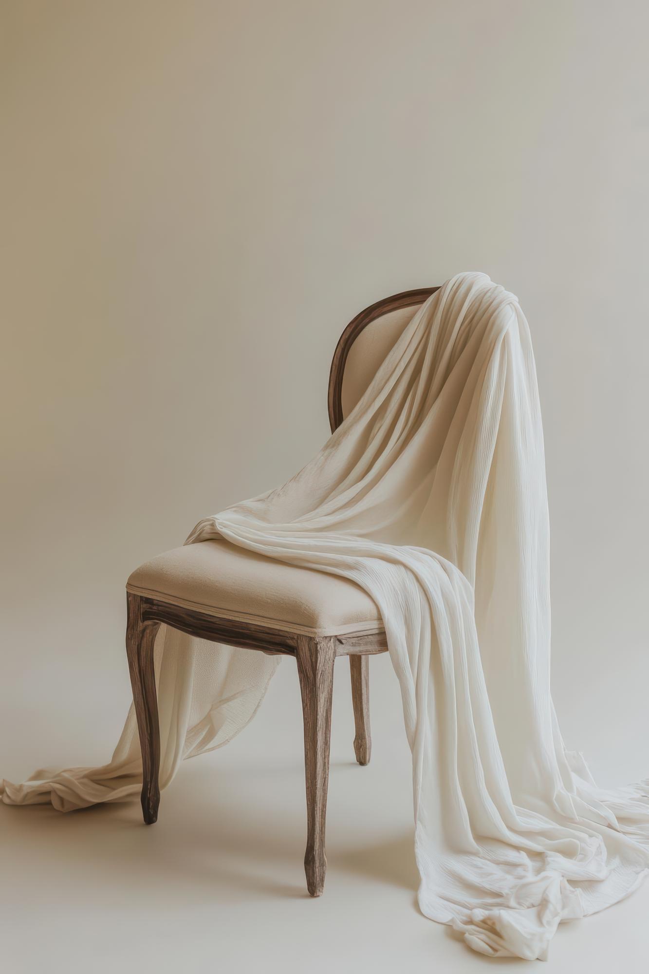 Large embroidered textile draped over a chair, neutral tones